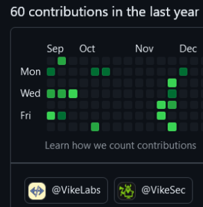 Github contributions screenshot, showing individual code contributions to two UVic clubs