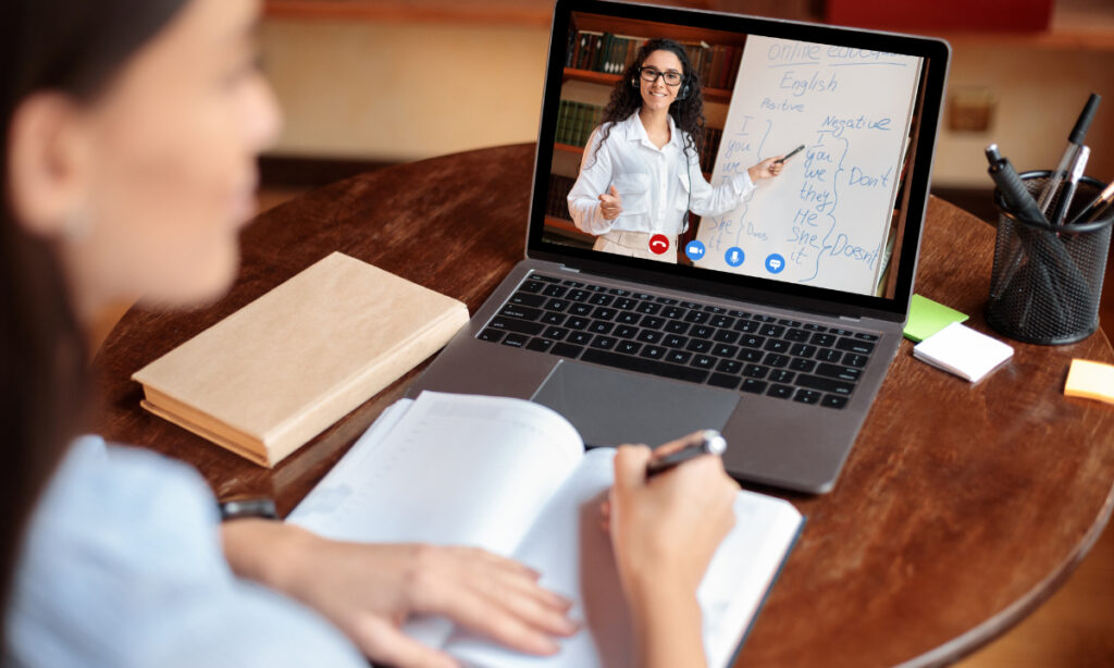 A girl learning online via a zoom call